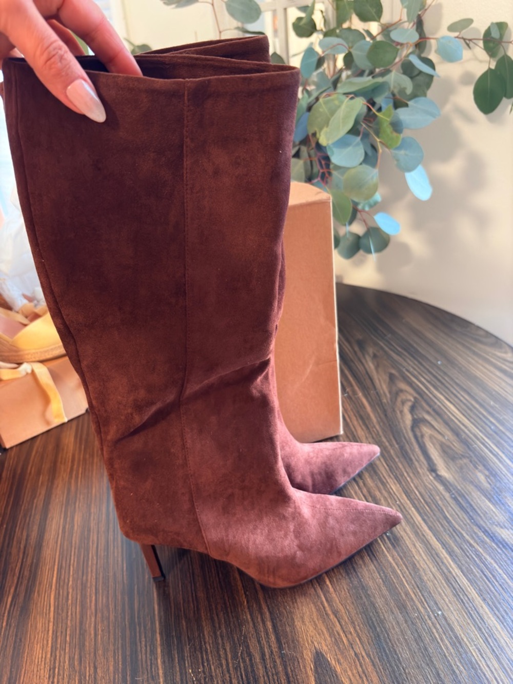 SHEIN Women's Tall Suede Heeled Boots in Burgundy Brown - Picture 2 of 4